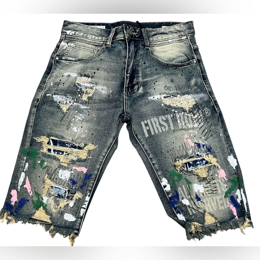 First Row Distressed Ripped Denim Jean Shorts Men’s Paint Splatter Jorts size 30